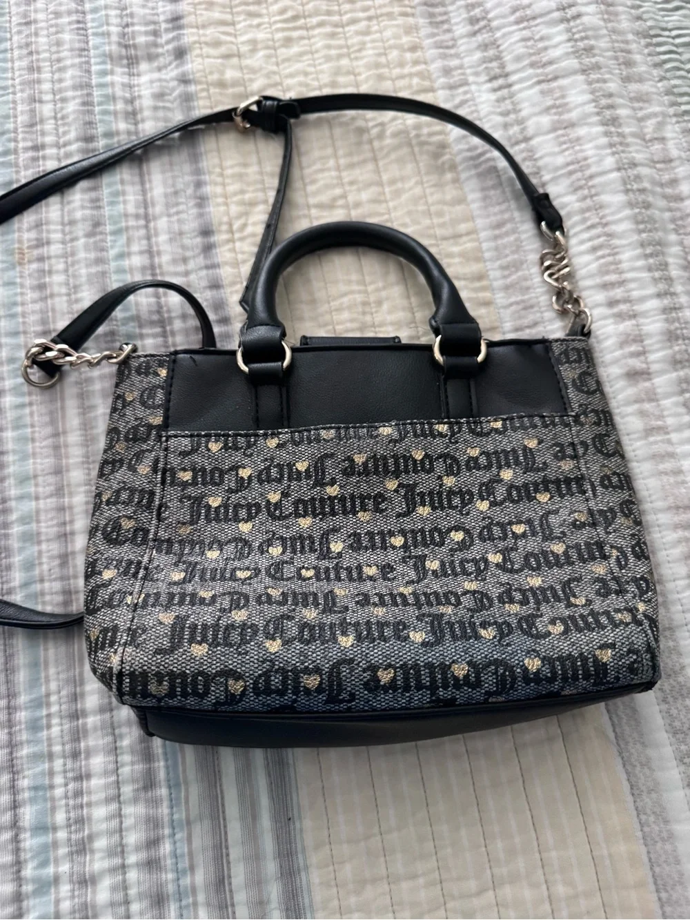 Juicy Couture Black and Gray Logo Jacquard Satchel with Heart Charm